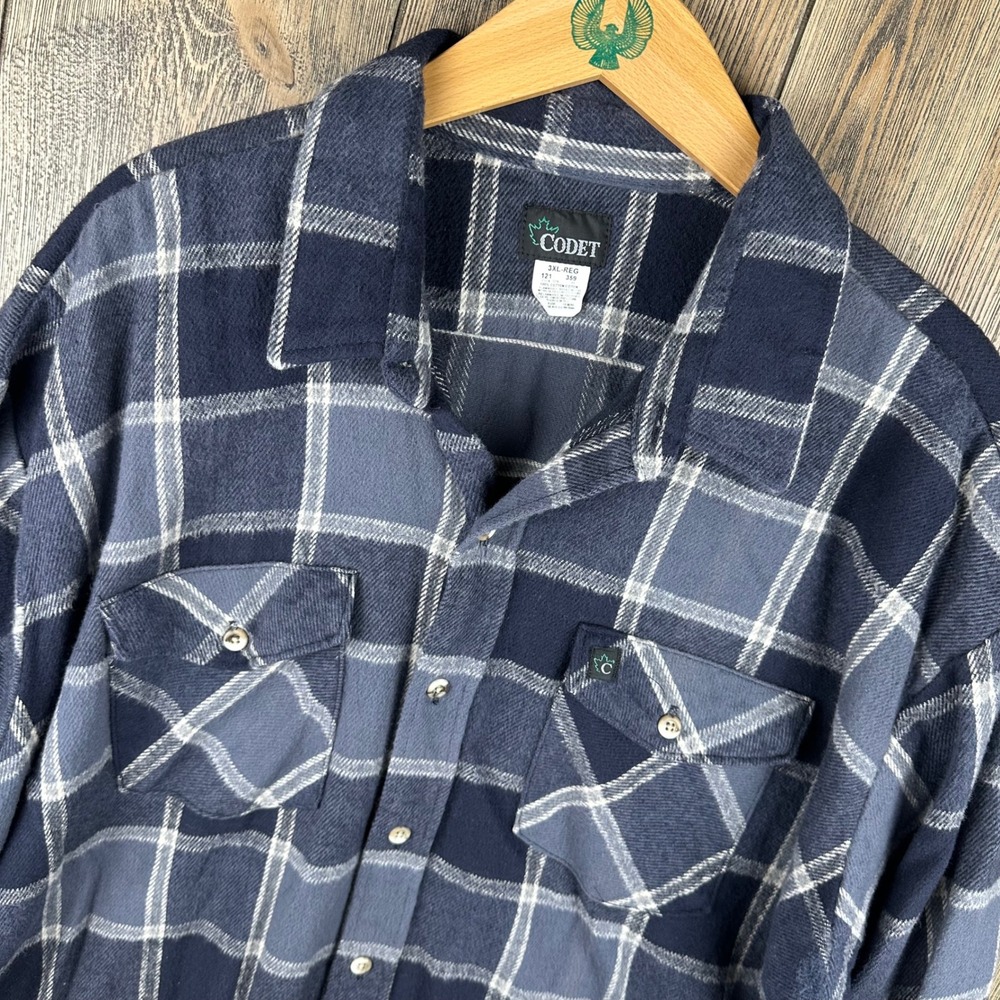 Codet Vintage Flannel Button Down Shirt Mens 3XL Plaid Blue Gray 100% Cotton